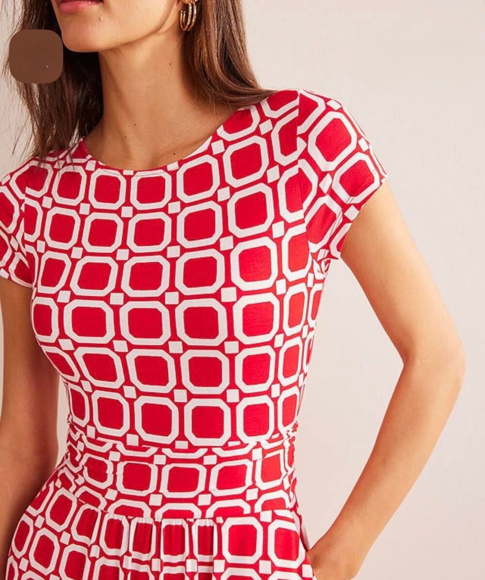 Boden Amelia Retro Red White Geometric Print Jersey Dress Woman 10 Hot Pepper